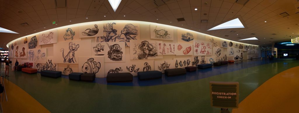 Discover the Magic of the Art of Animation Resort Lobby at Disney World in Florida 1 Wall of animated character concept sketches lining the lobby at Disney's Art of Animation Resort