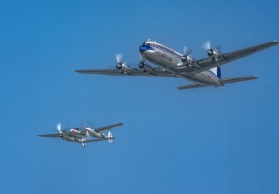 Flying Bulls Douglas DC-6B and P-38 Lightning in formation at EAA AirVenture Oshkosh 2026