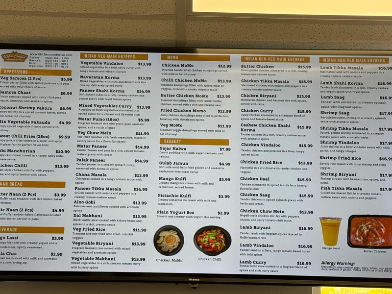 Indian Food in Wautoma, WI: Kitchen Comfort | WiscoLens 4 Kitchen Comfort menu board in Wautoma, Wisconsin with Indian vegetarian and non-vegetarian entrees, momos, and desserts